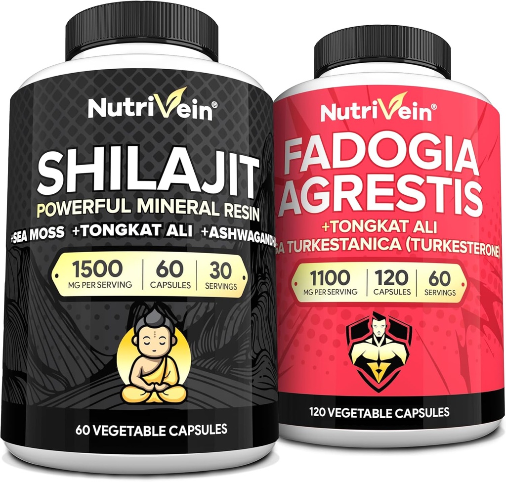 Nutrivene Premium Shilajit kapszula és Fadogia Agrestis kiegészítés Bundle: Erős Shilajit nőknek és férfiaknak + Fadogia Agrestis Tongkat Ali Supplement for Performance, Endurance, & Vitality