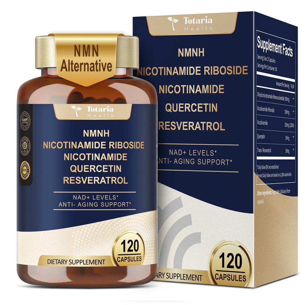 Totaria NMNH 500mg (Dihydronicotinamide Mononucleotide), Premium NMN Alternative Supplement w/Niacinamide (Vitamin B3), Quercetin, Trans-Resveratrol, for NAD+, Skin Cell, Anti-Aging & Energy, 120 Ct