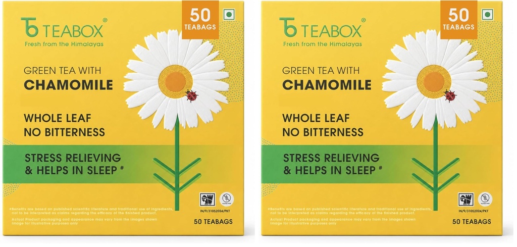 Teabox Chamomile Green Tea 50 Tea Bags | With Egyptian Chamomile Flowers & Whole Leaf Green Tea | Calming Blend for Relaxation & Sleep | Low Caffeine, Fresh & Aromatic (Pack of 2)