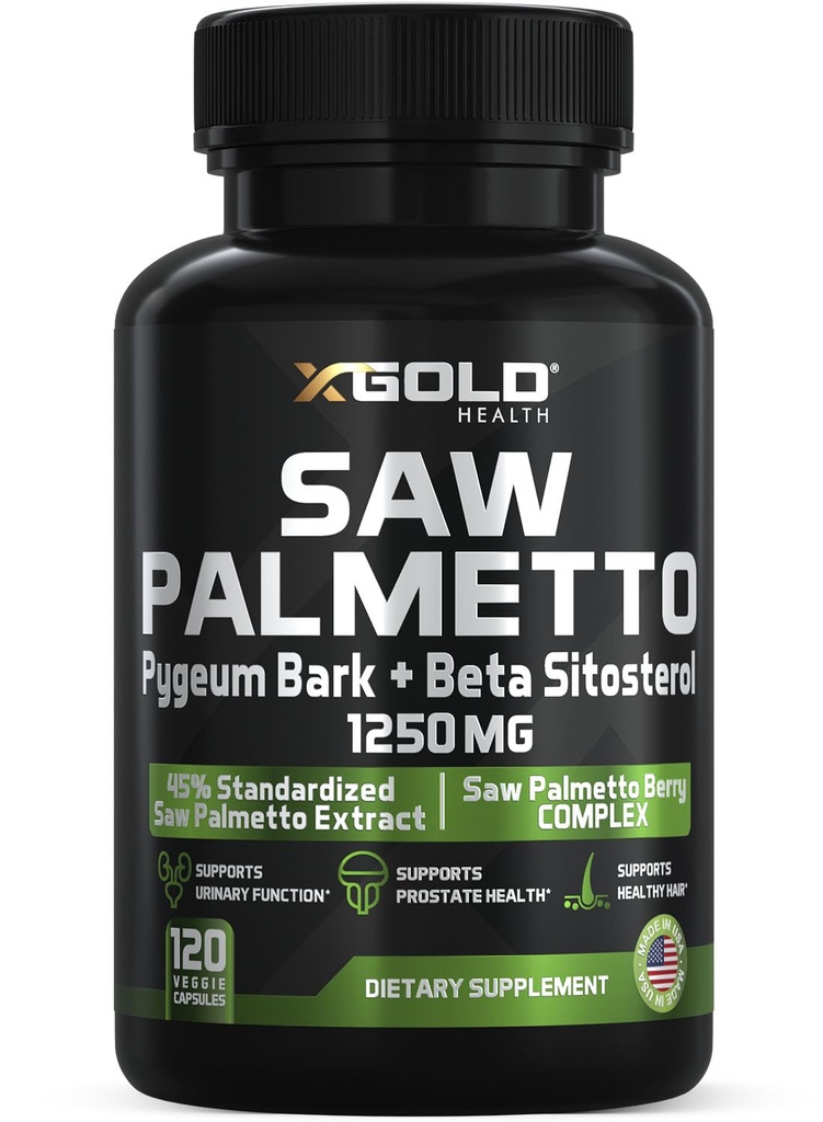 X Gold Health Saw Palmetto for Men 1250mg – Prostate Support with Beta Sitosterol & Pygeum Bark – Supports Urinary Flow & Bladder Control – DHT Blocker for Hair Loss – 120 Capsules