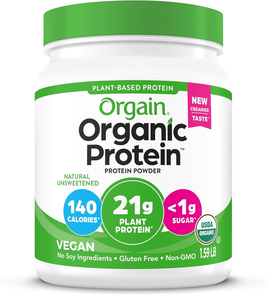 Orgain Vegan Powder, Natural Unsweetened - 21g of Plant Protein, 4g Prebiotic Fiber, Low Net Carbs, No Laktosa Ingrediens, No Ditambahkan Sugar, Non-GMO, For Shakes & Smoothies, 1.59 lb