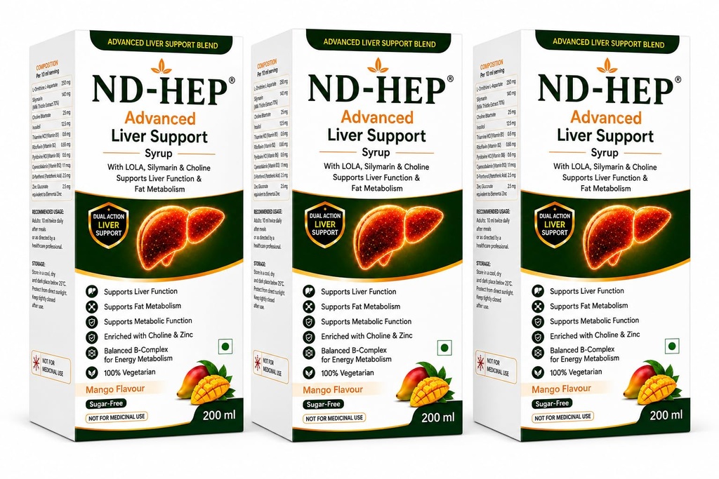 ND-HEP Advanced Liver Support Syrup 200ml | L-Ornithine L-Aspartate (LOLA), Silymarin, Choline & Zinc | Supports Liver Function & Fat Metabolism | Sugar Free Mango Flavour Health Supplement (30 Day)