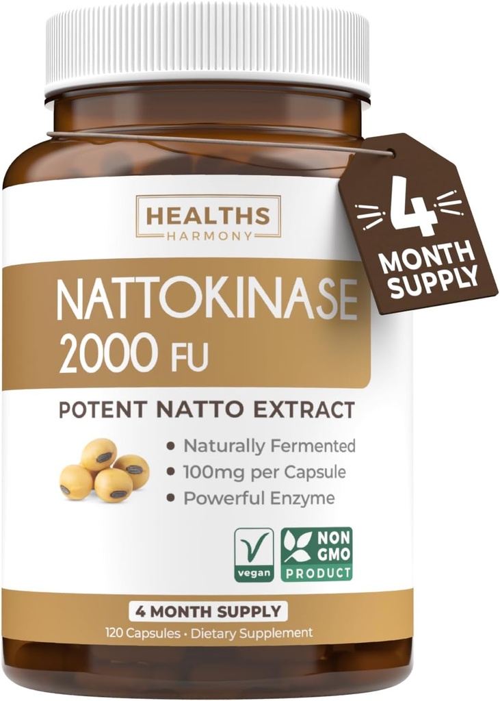 Hälsa Harmony Nattokinase 2000 FU (Non-GMO) Kraftfull Nattokinase Supplement Made from Naturally Fermented Soybeans - (4 Month Supply) 120 Vegan Natto Capsules