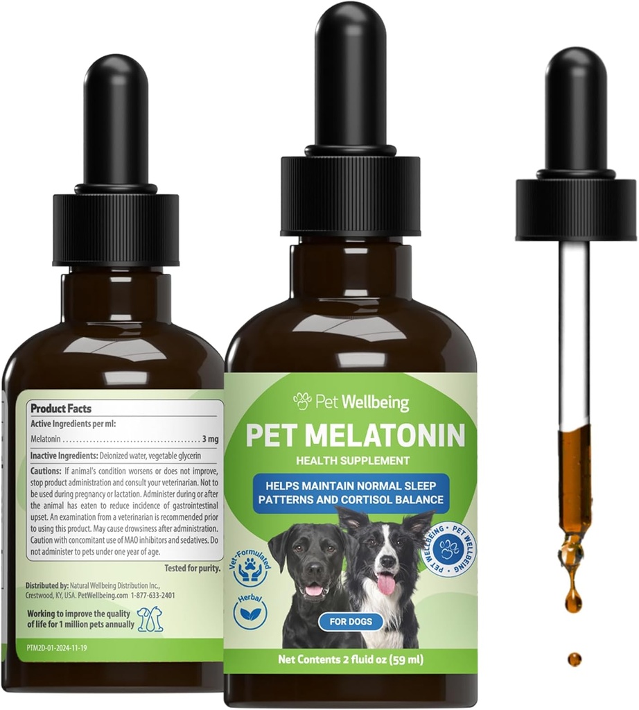 Pet Labsajūta Pet Melatonin suņiem - Atbalsta Virsnieru veselība, Kortizola līdzsvars, Palīdz uzturēt normālu miega patterns - Veterinārārsts- Formulēts šķidruma papildinājums 2 fl oz (59 ml)