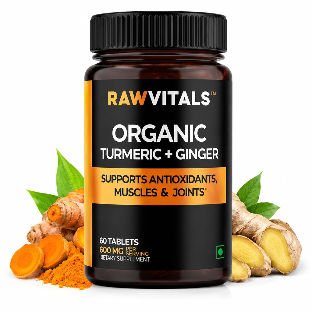Organic Turmeric Ginger Tablets 600mg | 60 Tablets | Curcuma Longa & Zingiber Officinale | Supports Joints, Immunity, Digestion & Skin | Curcumin | Vegan | Non-GMO (Pack of 1)