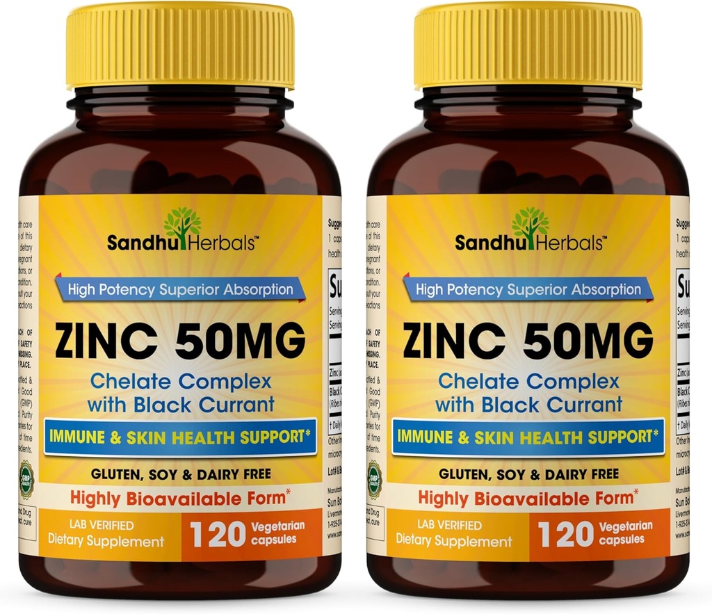 Sandhu Herbals Zinc 50mg Suplemento para Hombres &amp; Mujeres sometidas Alta Absorción Complejo de Monomethionina con Currante Negro 120 Capsules (Pack of 2) permanente Zink Suplementos para Immune, Acne &amp; Antioxidant Support