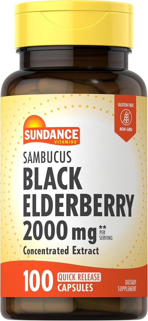 Sundance Sambucus Black Elderberry Capsules ® 124; 2000mg Ş124; 100 Grafas ® 124; Ne GMO ir Gluten Free Addition