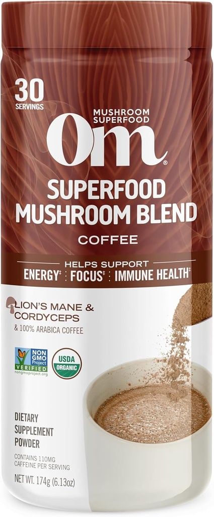 OM MUSHROOM SUPERFOOOOD Coffee Blend  годна за консумация органична Арабика с лъвски крем, Cordyceps, Reishi, Turkey Tail & Ginkgo Поддръжка на енергия, Focus & Clairity . 6.24 oz Canister (...)