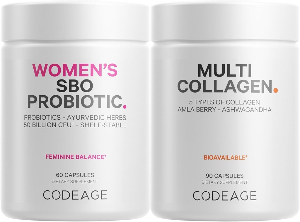 Codeage Multi Collagen Protein Capsules & Probiotics for Women Bundle | Multi Collagen Pills, Collagen Typer I, II, II, V & X, 90 Count | Prebiotics & Probiotics for Women - Soy & Dairy Free, 60 Count