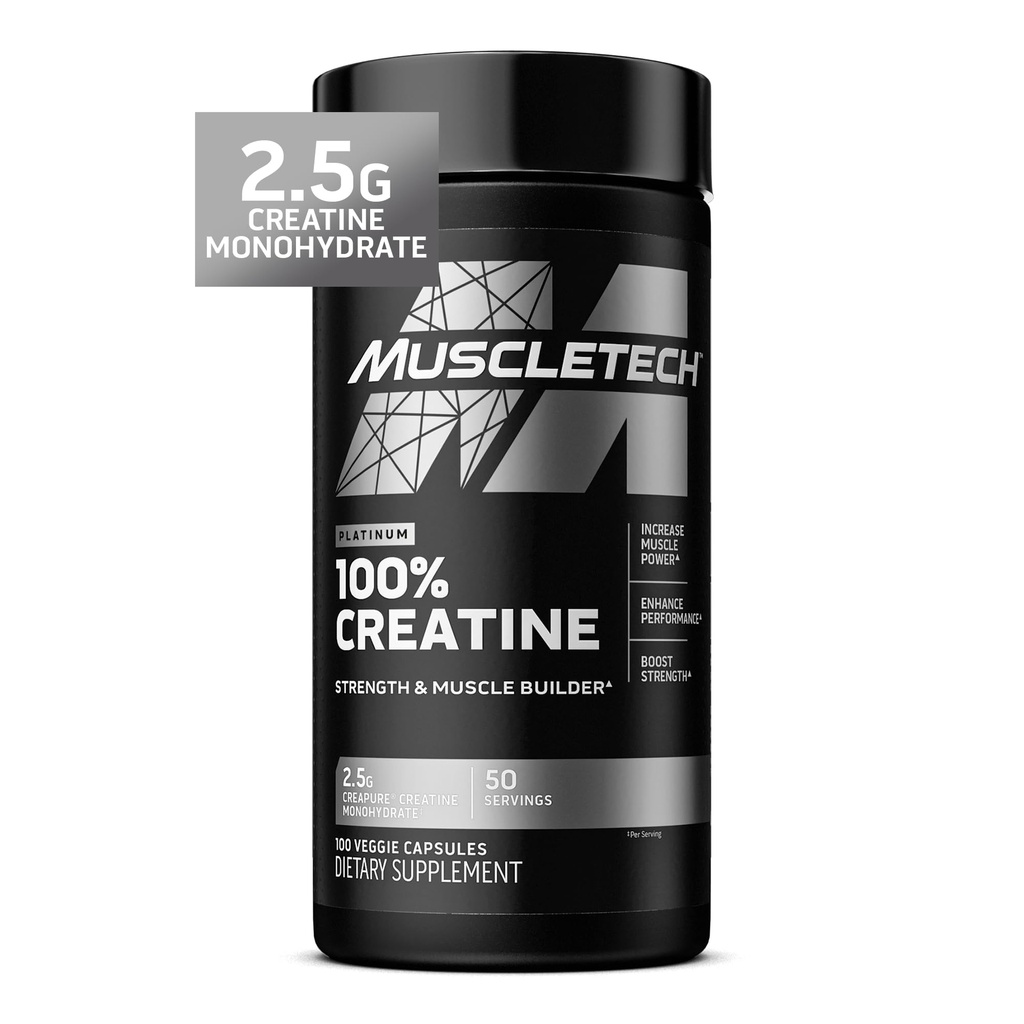 Muscletech Platinum Creatine Monohydrate Capsules - Creapure Creatine Pre & Post Workout Muscle Builder, Muscle Recovery & Energy Boosting Supplement for Men & Women - 100 Veggie Pills