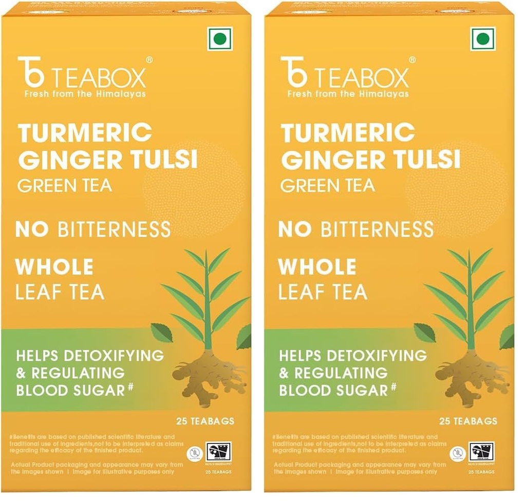 Teabox Turmeric Ginger Tulsi Green Tea Bags 25 Pieces | Flavorful & Soothing | Made with Whole Leaf, Natural Ginger, Turmeric & Tulsi (Pack of 2)