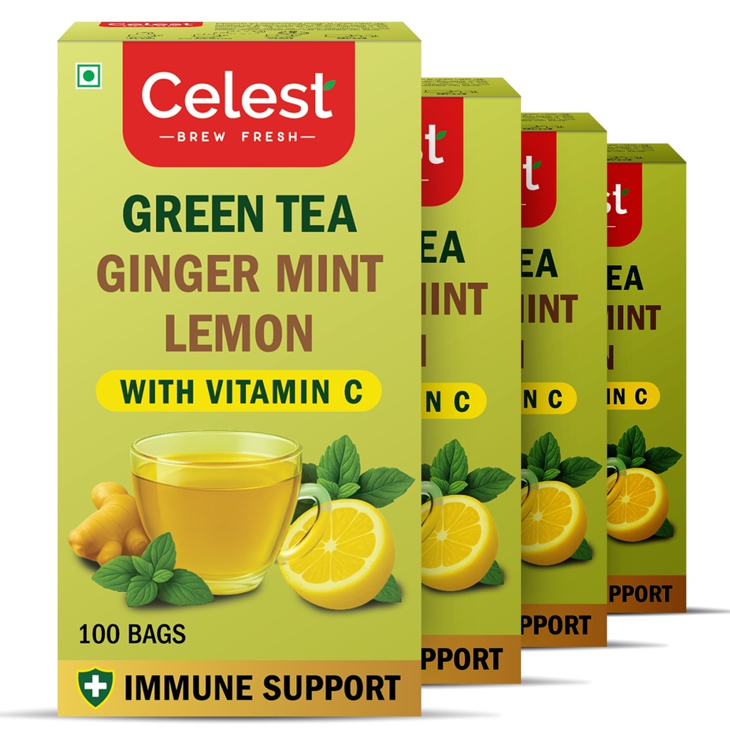 Celest Ginger Mint Lemon Green Tea 400 Tea Bags (100 Bags × 4) | Vitamin C Enriched | Immunity Support