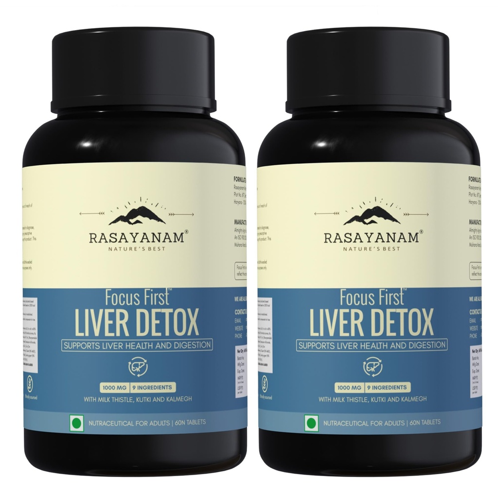 Rasayanam Liver Detox Supplement 1000mg | Milk Thistle and NAC | 80% Silymarin | Added herbs like Kutki, Kalmegh, Turmeric, Dandelion, Zinc & more | Supports Detox, Digestion, Energy & Daily Liver Wellness - 60 Tablets each (Pack of 2)