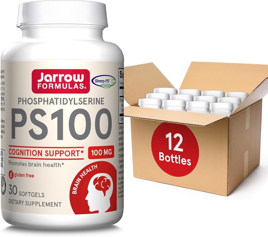 Jarrow Formulas PS100 Phosphatidylserine 100 mg, Kosttillskott för hjärnhälsa och kognitionsstöd, 30 Softgels, 10-30 Day Supply, Pack 12