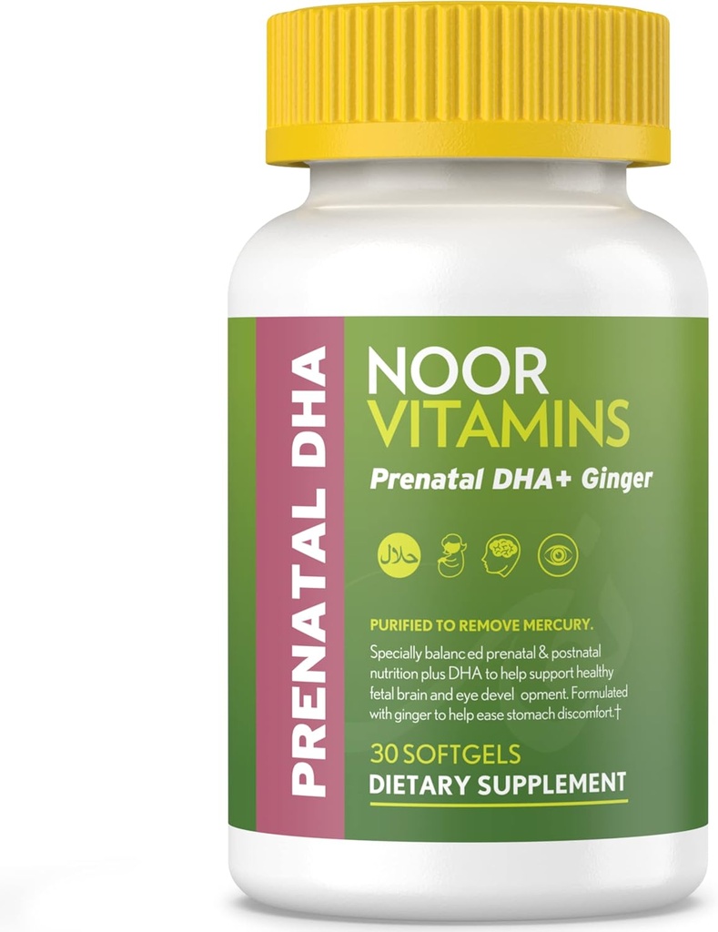 Noor Vitamins Halal Prenatal Vitamins med DHA och folsyra, Vitaminer, Ginger till lugna mammas mage, järn, Softgels, Prenatal Vitamin före / Under / Post Graviditet (1 månad Supply)