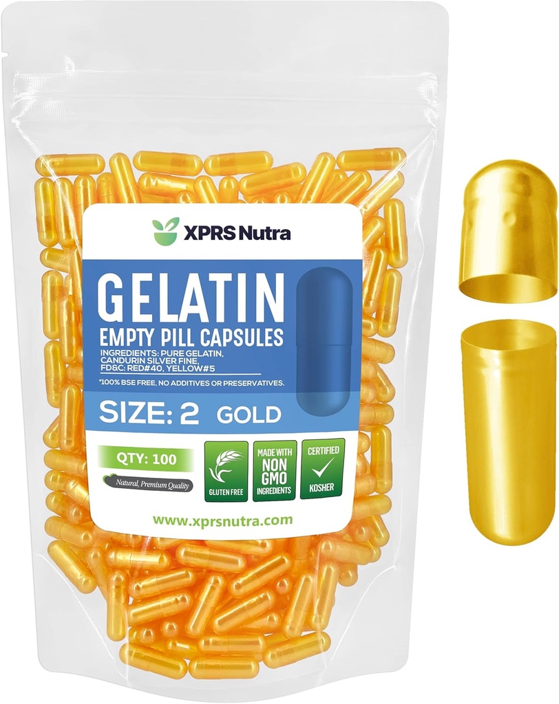 XPRS Nutra Tamanho 2 Cápsulas Vazias - 100 Conde Cápsulas Gelatina Vazias - Comprimidos DIY Cápsula Preenchimento - Pure Bovine Pill Gel Caps para Do-It-Yourself Suplementos (Ouro)