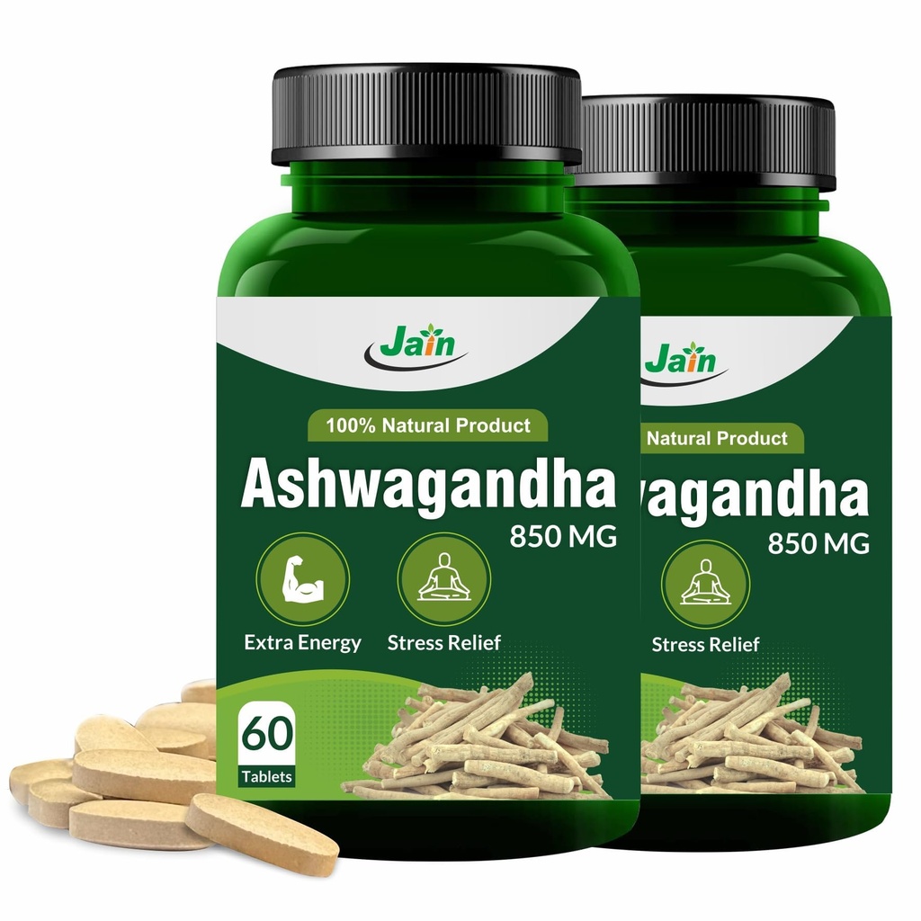 Jain Ashwagandha Tablets 850mg, 60 Count (Pack of 2), Ayurvedic Supplement