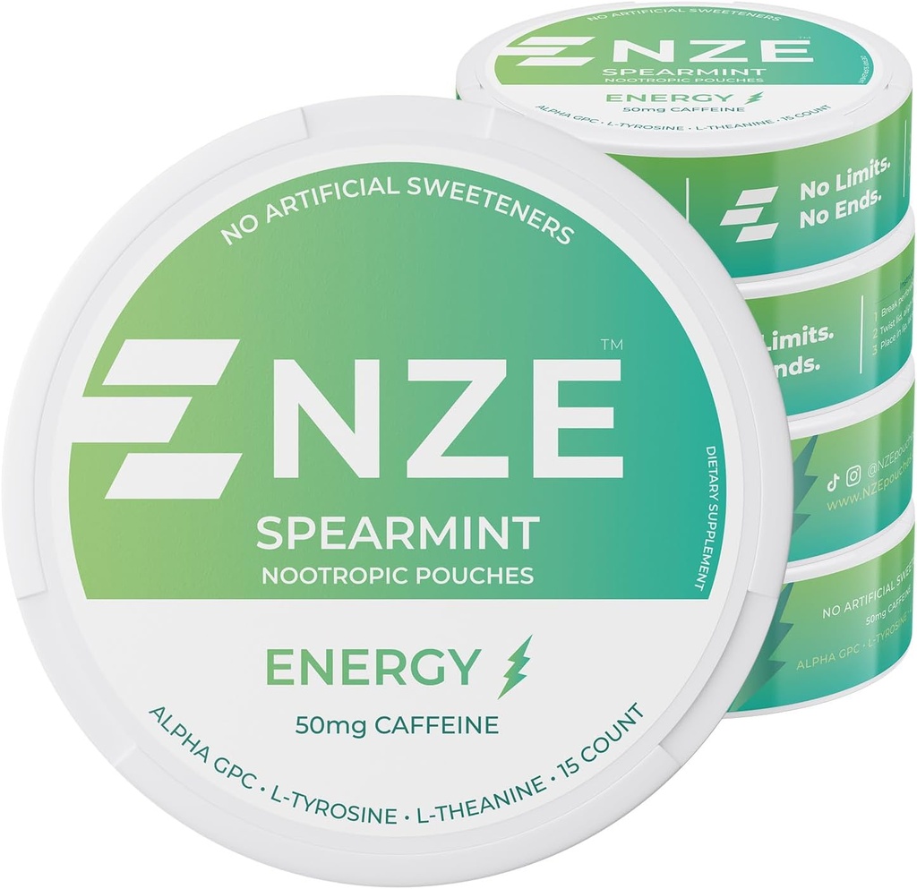 NZE Caffeine Nootropic Pouches (Spearmint) - Pouches Energi dengan 50mg Caffeine, Alpha GPC, L-Tyrosine & L- Theanine dengan No Sugar atau Mantificial Sweeteners - 15 Pouches Per Can - 5 Pack