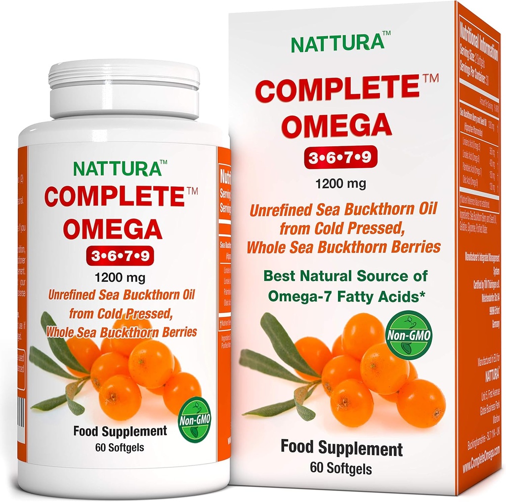 Nattura Omega 36-7-9, Pure Sea Buckthorn Oil, European Quality, Unrefined, Cold Pressed Whole Sea Buckthorn Wild Berries - 1,200mg - 2 botila