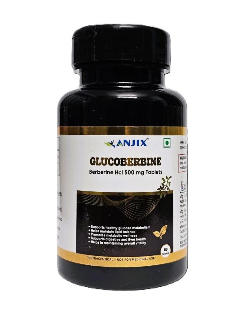 Berberine HCL (Glucoberbine) 97 Percent Tablets | 500 mg Herbal Supplement for Metabolism Support Digestive Wellness | 60 Tablets Pack