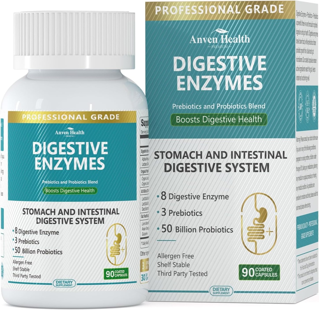 800mg Digetical Enzymes for Men and Women with Progorious & Organic Pregities, 8 Key Enzymes, Protease, Amylase & Lipase for Bloating, Gas Relief, Non-GMO 124; 90 Capsules