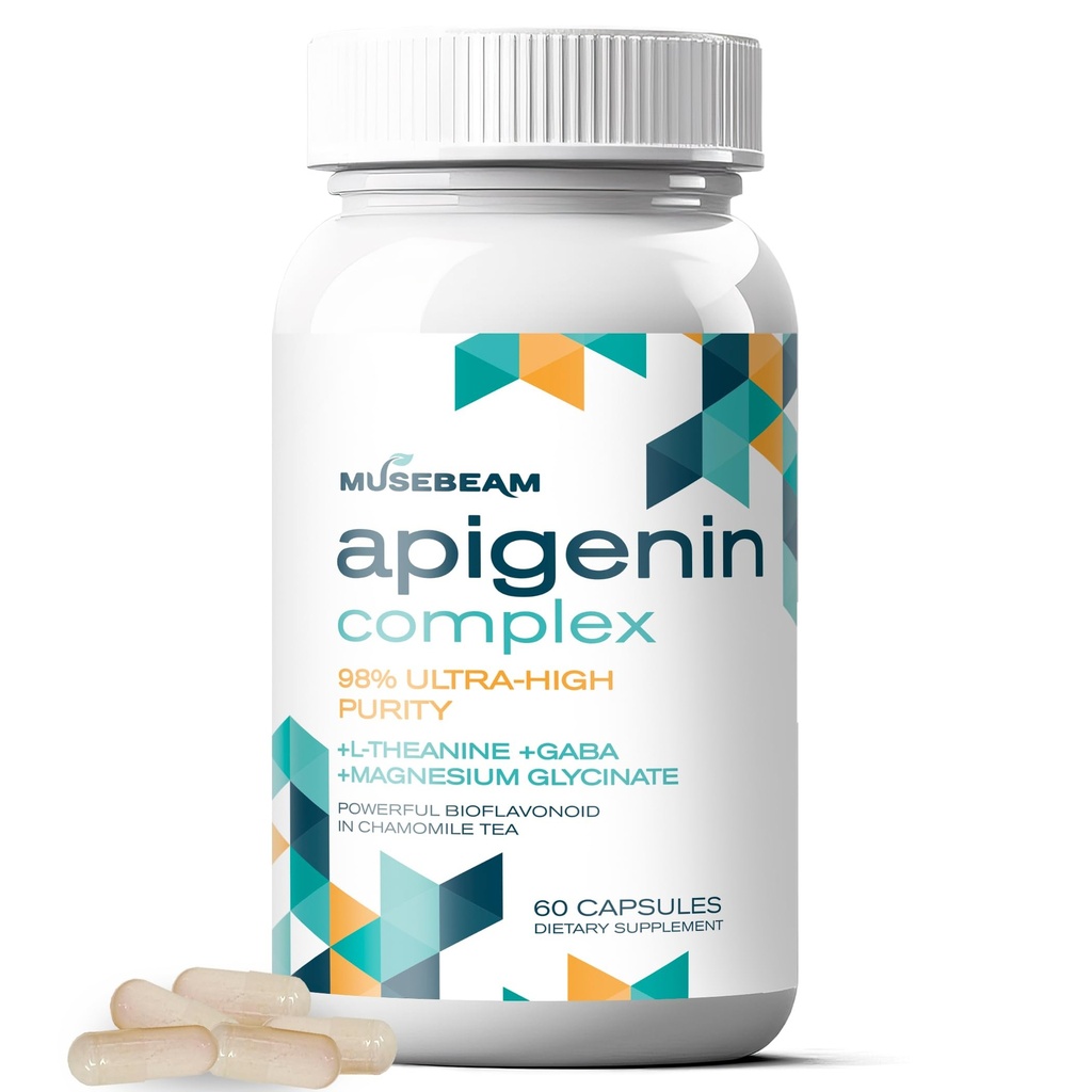 musebeam Apigenin Supplement for Rest and Relaxation Support - 50mg Apigenin per Capsule with Magnesium Glycinate 275mg L-Theanine 100mg GABA 100mg - 98% Ultra-High Purity