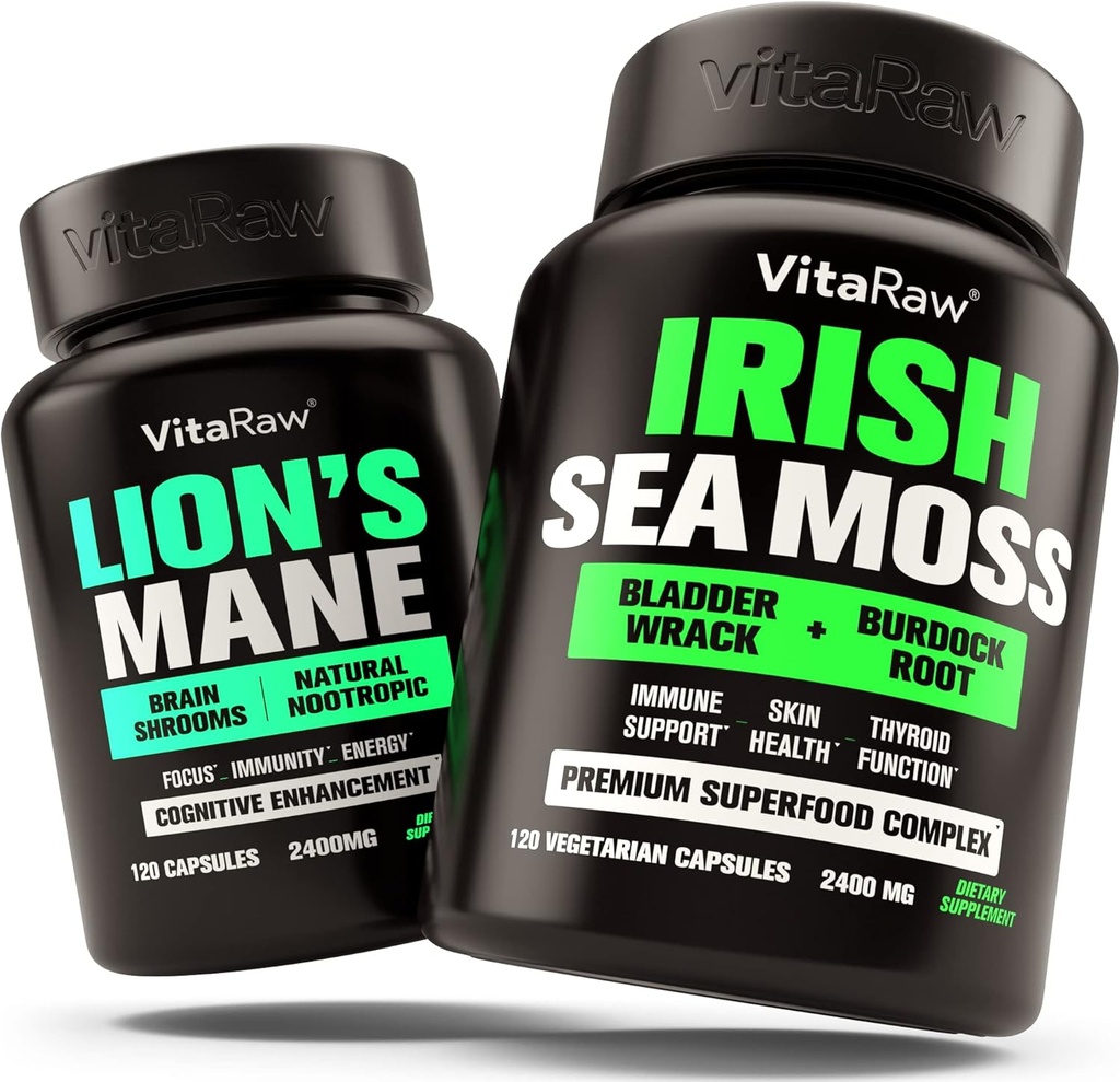 Lions Mane Mushroom + Irish Sea Moss - Brain Booster Memory & Energy + Immune Support, Joint " Thyroid and Gut Health