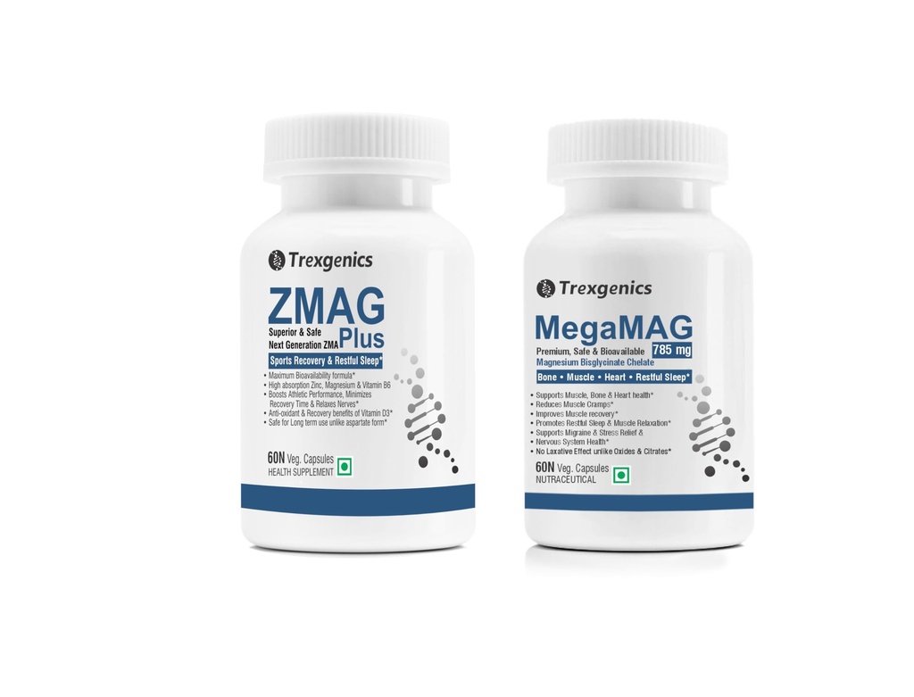 Trexgenics ZMAG PLUS & MegaMag Combo (Zinc and Magnesium Bisglycinate, B6 and D3 + Magnesium Bisglycinate for Sleep, Relaxation, Recovery, heart, stress (60 + 60 Veg Capsules) (Pack of 1 Combo)