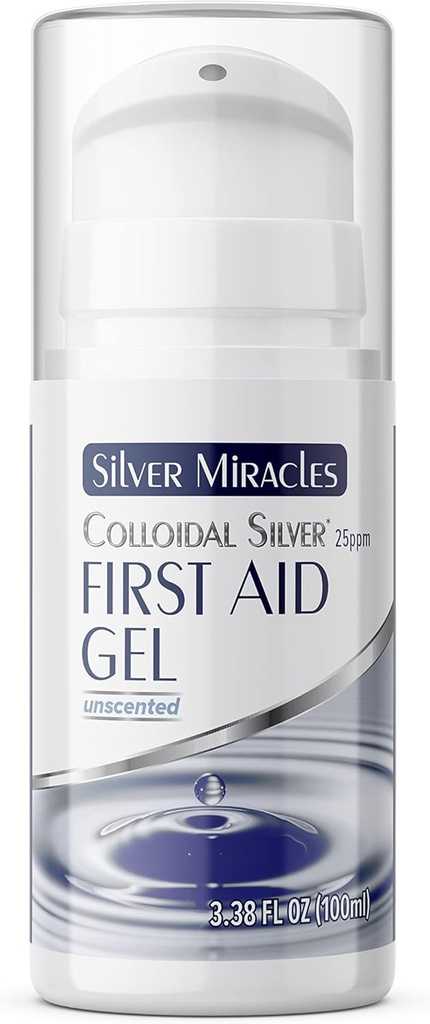 Silver Iracles - Kolloidinen Silver First Aid Gel - Ilmaton pullo - Nano Silver Gel Haavojen hoito - Parannusvoide Burns, Auringonpolttamat ja ärtynyt iho - Tuoksumaton -3,38 OZ - 25 PPM