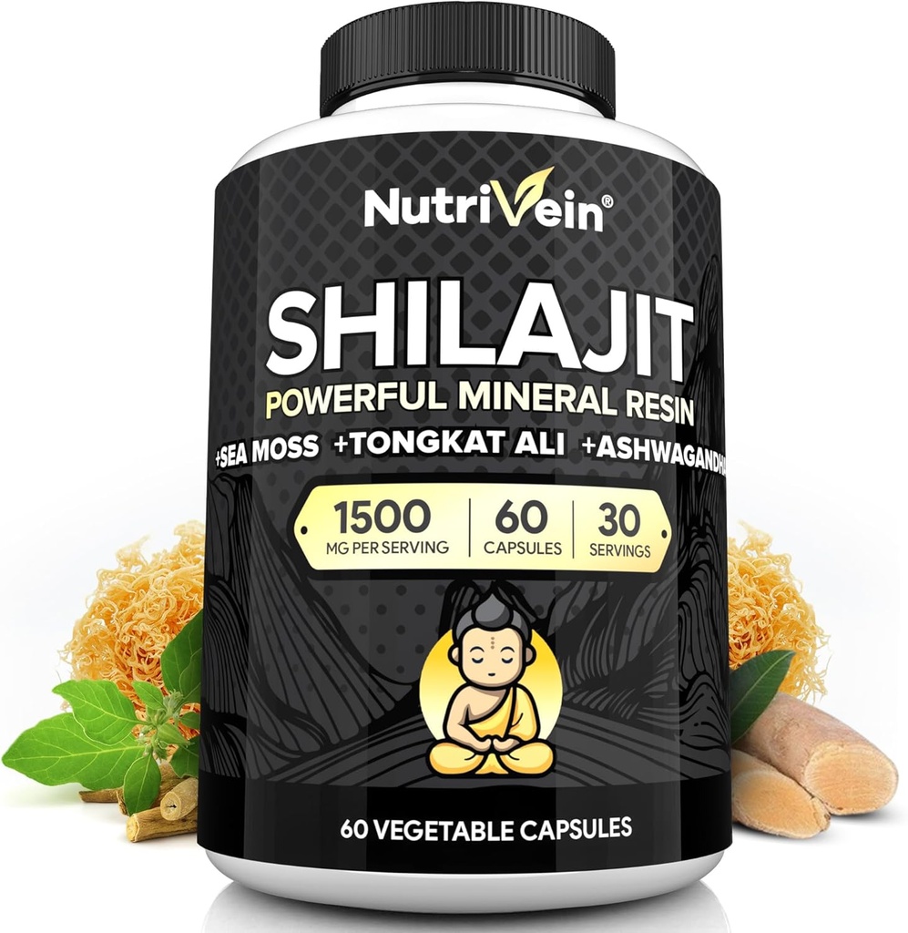 Nutrivein Premium Llomon Alajit per homes i dones - 1500 mg - 60 Capules- Powersful Resbin ha extret amb mar irlandès Mos, Torngkat Ali, & Ashwagandha - Vitaly, Clarity, i rendiment