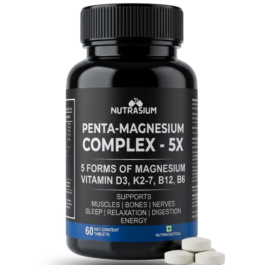 Nutrasium Penta Magnesium Complex 5X | 5 Forms of Magnesium with Vitamin D3, K2-7, B12 & B6 | Supports Muscles, Bones, Nerves, Relaxation, Sleep & Energy | 60 Tablets