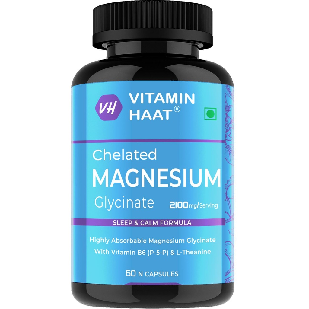 Magnesium Glycinate 2000mg | High Absorption 440mg Elemental Chelated Magnesium Supplement with Vitamin B6 & L-Theanine | for Sleep, Relaxation, Muscle & Nerve Support | 60 Capsules by VitaminHaat
