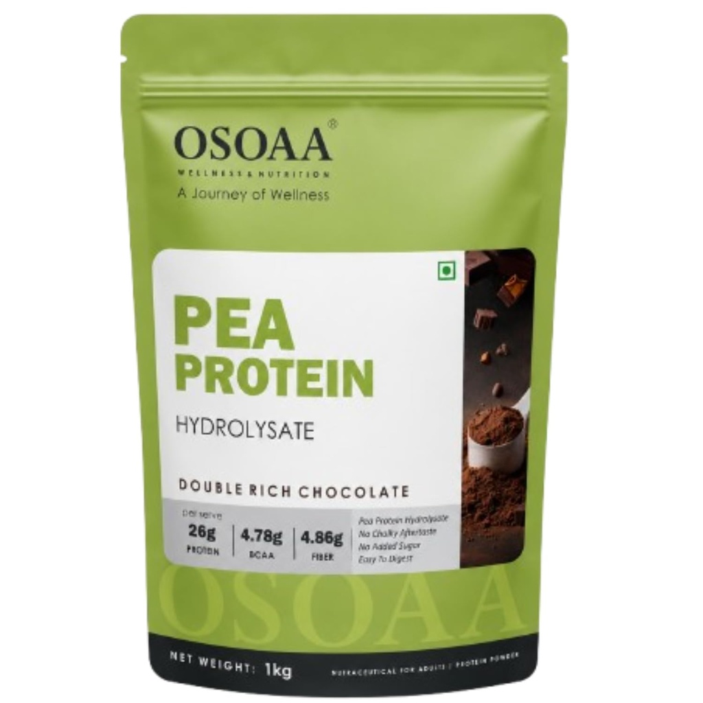 OSOAA Pea Protein Hydrolysate – Double Rich Chocolate | 26g Protein, 4.78g BCAA, 4.86g Fiber per Serve | No Chalky Aftertaste, No Added Sugar, Gluten-Free | 1kg (27 Servings)