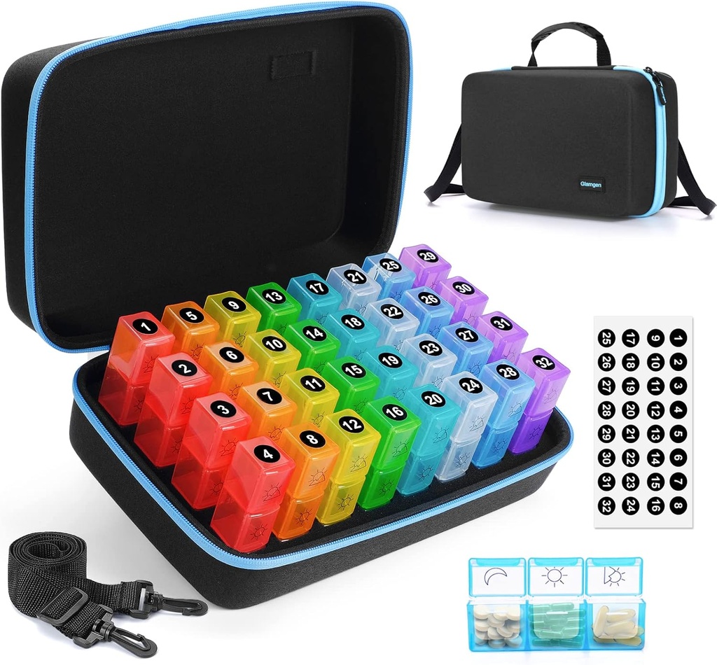 Monthly Pill Organizer 3X a Day, Monthly Pill Organizer 3 razy dziennie, Medicine Pill Boxes with 30 Codzienne Komory 32 Day Pill Holder with Hard Travel Case for Witamina, Suplement i Medycyna