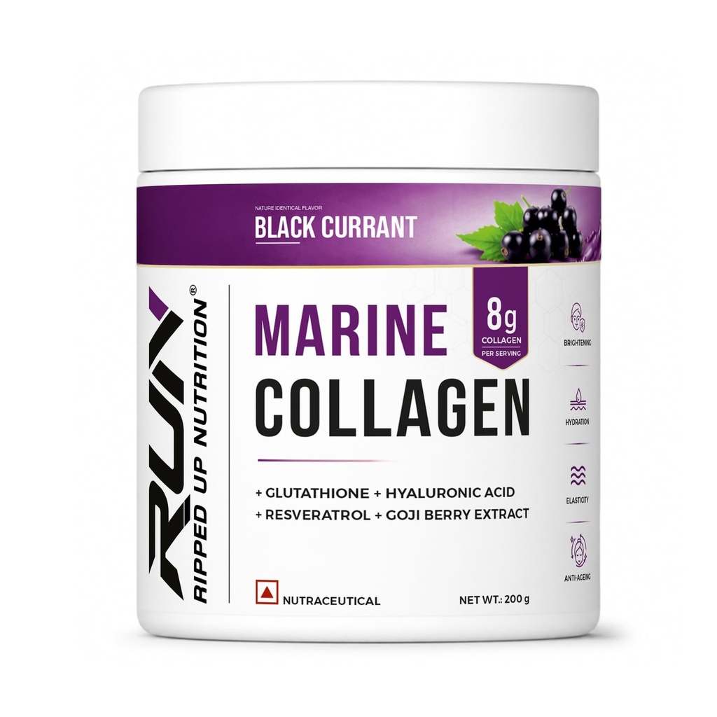 Ripped Up Nutrition Marine Collagen Powder | 8.9g Collagen + 200mg Glutathione | Zero Sugar, No Fishy Smell | Skin Glow, Anti-Aging, Hair & Nails | Hyaluronic Acid, Goji Berry, Resveratrol | 200g – Black Currant
