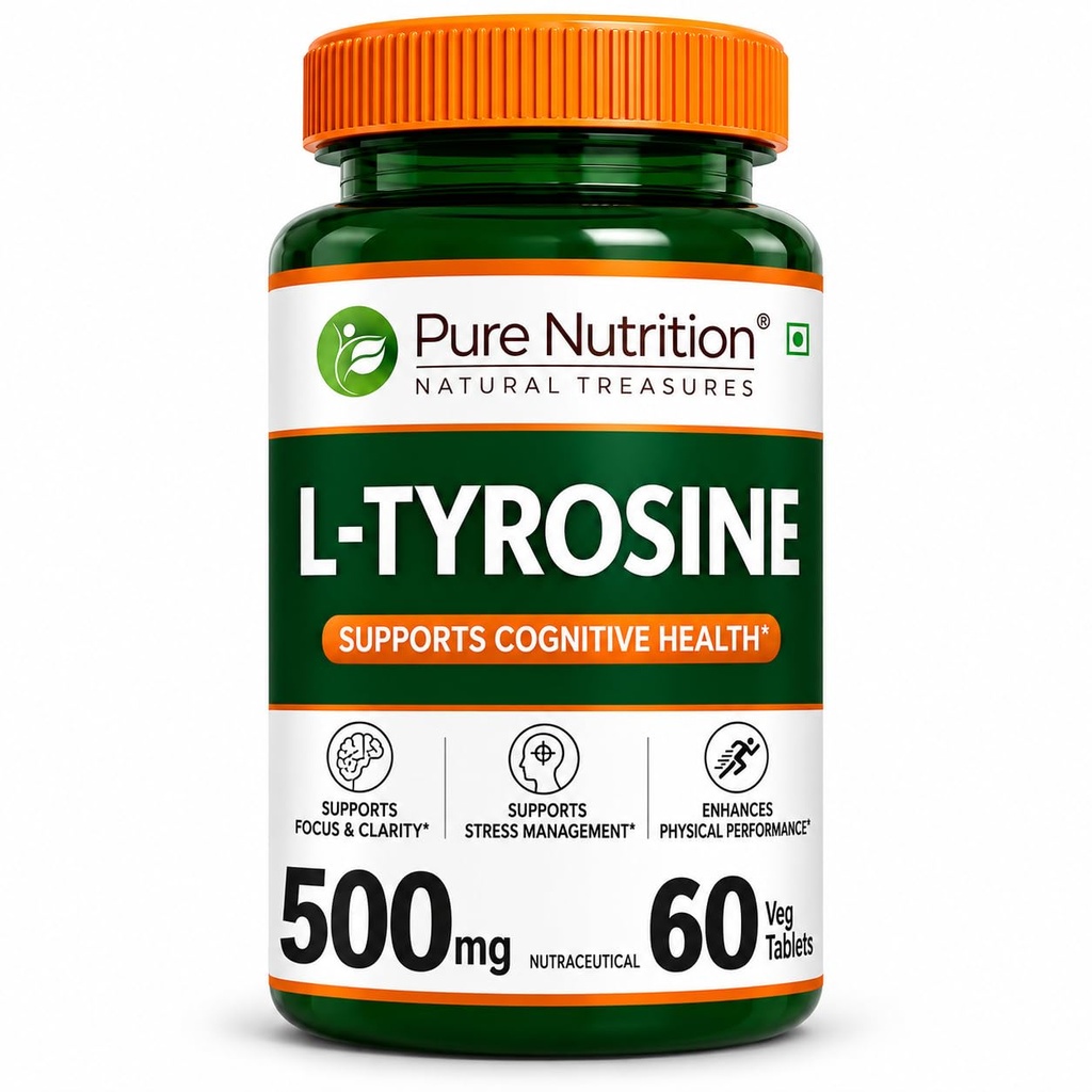 Pure Nutrition L-Tyrosine 500mg | 60 Veg Capsules | Supports Focus, Memory & Cognitive Performance | Helps Reduce Stress & Fatigue | Promotes Healthy Thyroid Function
