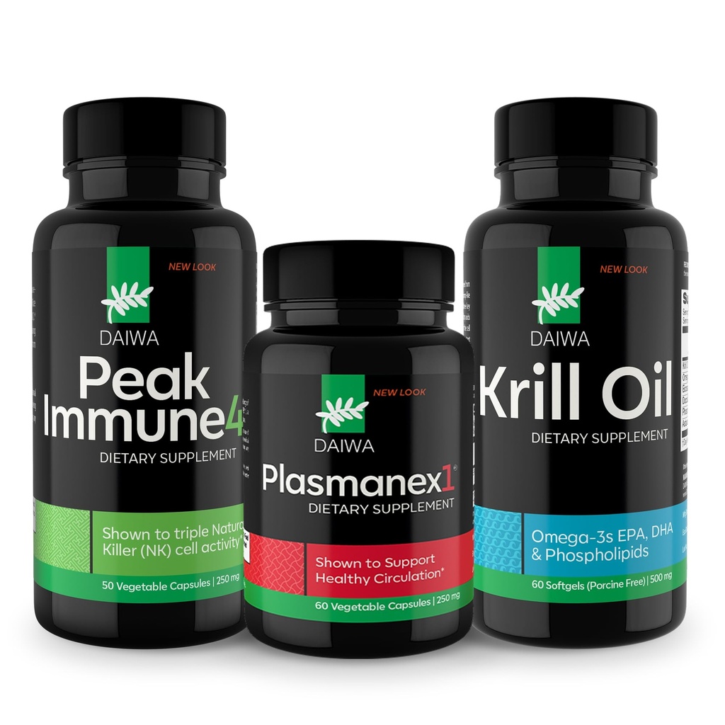 Daiwa Peak Immune 4 - Natural Immune System Booster + Plasmanex 1 – Blood Circulation Supplement + Krill Oil – Omega 3 Krill Oil Capsules