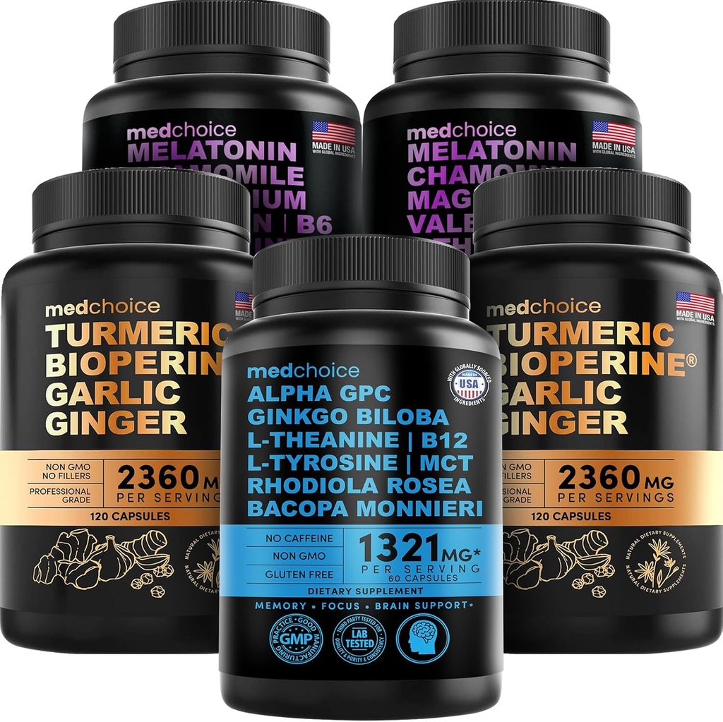 MEDCHOICE Turmeric & Ginger (240ct), Sleep Melatonin (180ct) und Nootropic Brain (60ct) Supplement Bundle - Wellness Trio für Gehirn, Schlaf und Immununterstützung - Vegan, Non-GMO, Gluten-frei