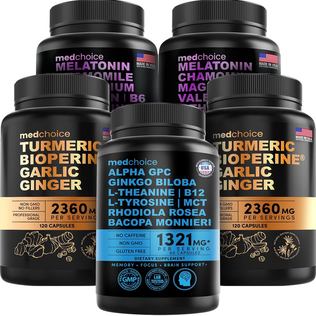 MEDCHOICE Turmeric & Ginger (240ct), Sleep Melatonin (180ct), and Nootropic Brain (60ct) Supplement Bundle - Wellness Trio for Brain, Sleep, & Immune Support - Vegan, Non-GMO, Gluten-Free