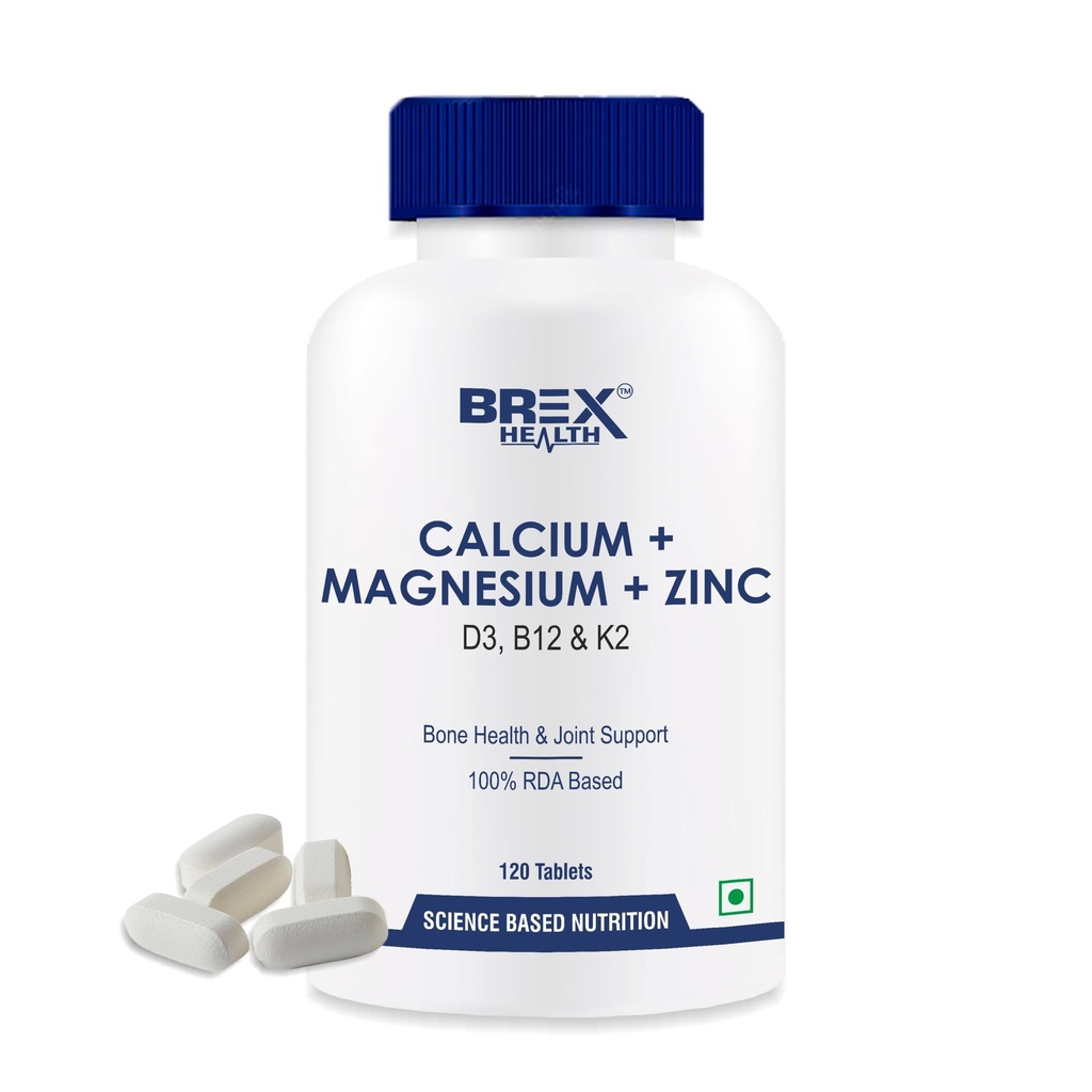 Calcium Magnesium Zinc Vitamin D3, B12 & K2 | Supplement For Bone Health & Joint Support | For Women & Men - 120 Vegetarian Tablets