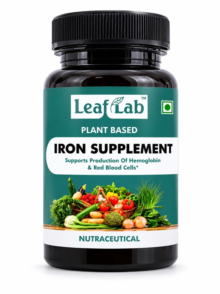 LeafLab Plant Based Iron Supplement for Women & Men – Iron 19mg with Vitamin C, Folate (B9) & 11 Whole-Food Greens | Supports Hemoglobin, Red Blood Cells & Energy | Vegan | 60 Veg Capsules