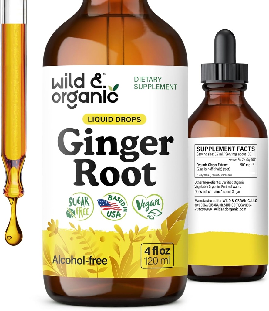 Wild & Organic Ginger Root Extract kapljice - Imunska & Prebavna podpora - Tekoči Ginger dodatki - Vegan, Sladkor & Alkohol brez Tinkture - 4 fl oz