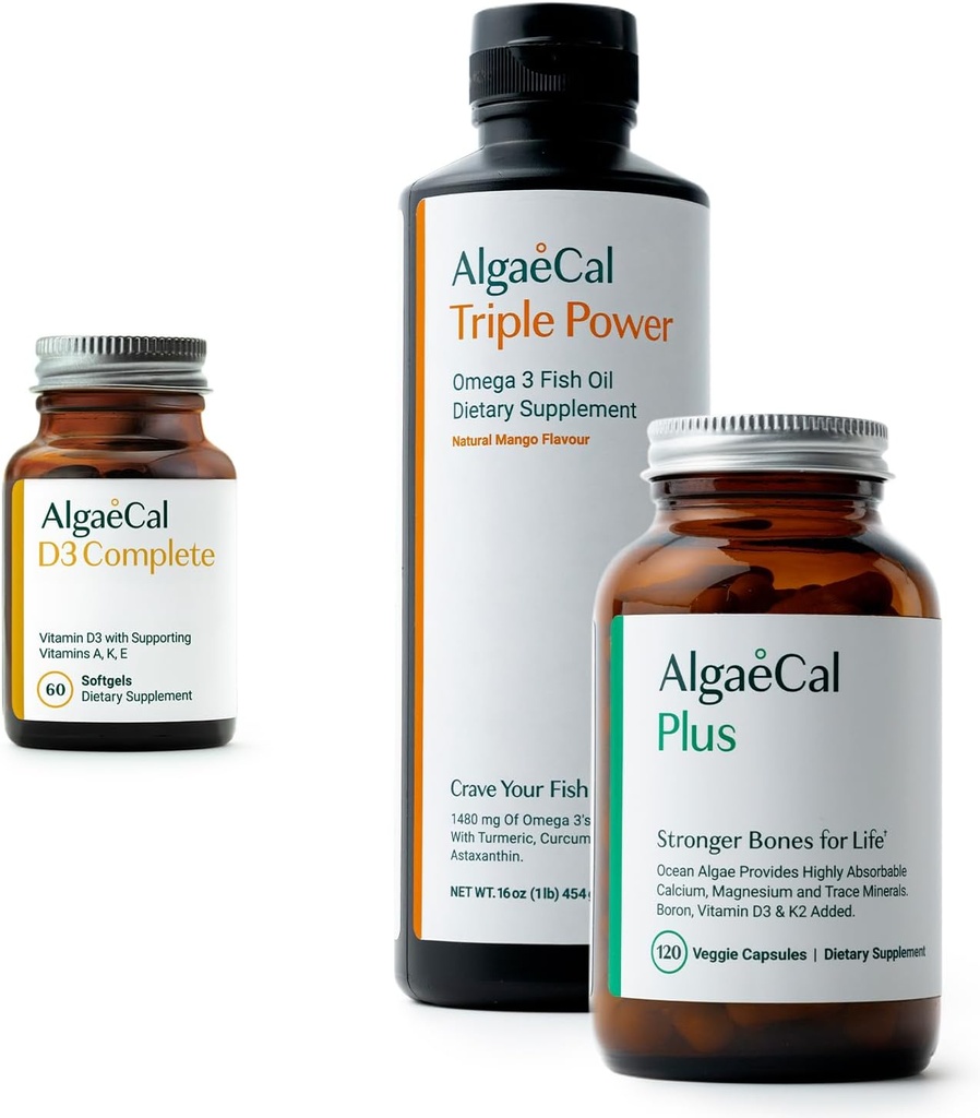 ALGAECAL Bundle - witamina D3 Complete (1000 j. m.) + witaminy K2, E & A & Plant- based wapń dla silniejszych kości i oleju rybnego Omega 3 1200mg EPA DHA