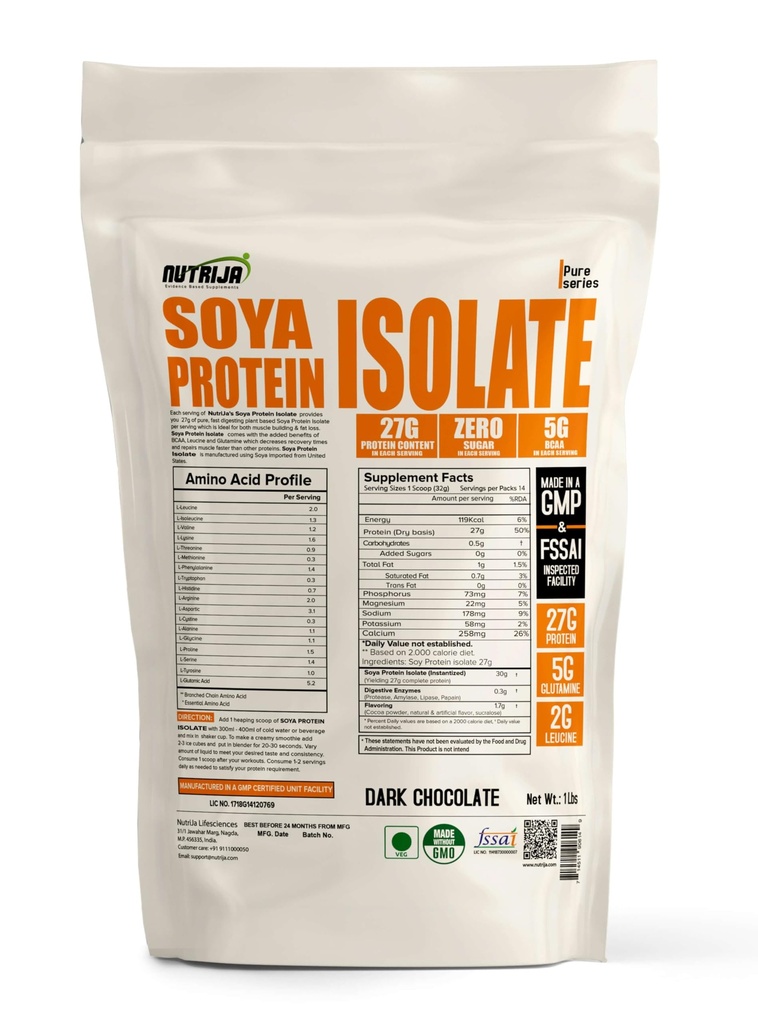 NutriJa Soya Protein Isolate 90% with Added Digestive Enzymes for Optimal Absorption | Vegan Plant Based Protein Powder | Non-GMO - 14 Serving 1Lbs (Dark Chocolate)