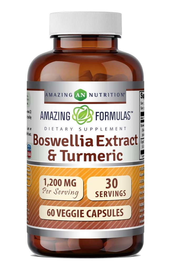Amazing Formulas Boswellia Extract & Turmeric Supplement | 1200 Mg Per Serving | 60 Veggie Capsules | Non-GMO | Gluten Free | Made in USA |