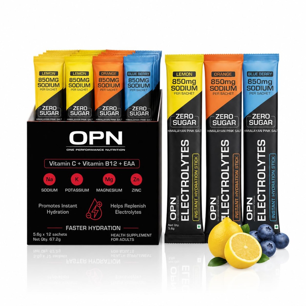 OPN Electrolytes Assorted Flavours | Orange + Lemon + Blueberry 850mg Sodium | Zero Sugar | Vitamin C, B12 + EAA | (Pack of 1) 12 Sachets
