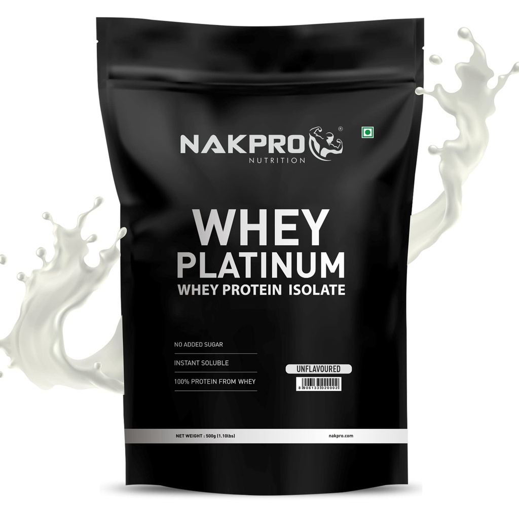 NAKPRO NUTRITION Platinum Whey Protein Isolate | 500g Unflavoured | 31g Protein, Trustified Certified