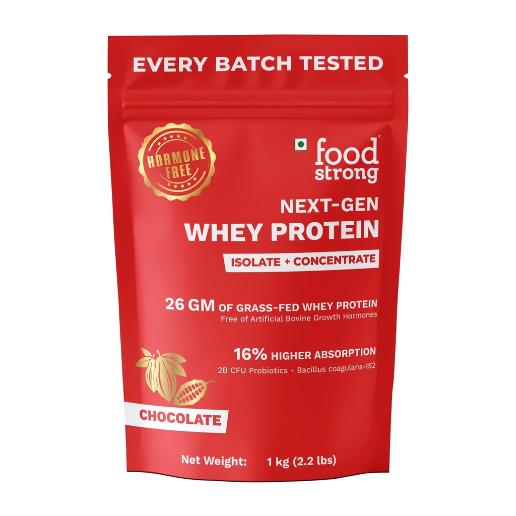 Foodstrong Next-Gen Whey Protein Isolate + Concentrate, 100% Hormone Free Grass-Fed Whey, 26G Protein, Chocolate (Cacao), With Turmeric, Probiotics & Natural Digestive Enzymes For Easy Digestion, 1KG