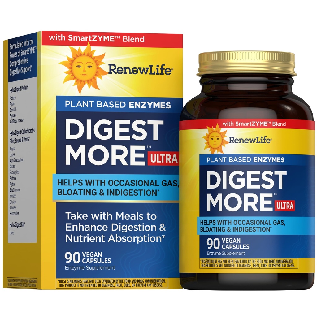 Renew Life Adult DigestMore Ultra Enzymes - Ultra-Strength Plant-Based Digestive Enzyme Formula for Men & Women - 90 Vegetarian Capsules