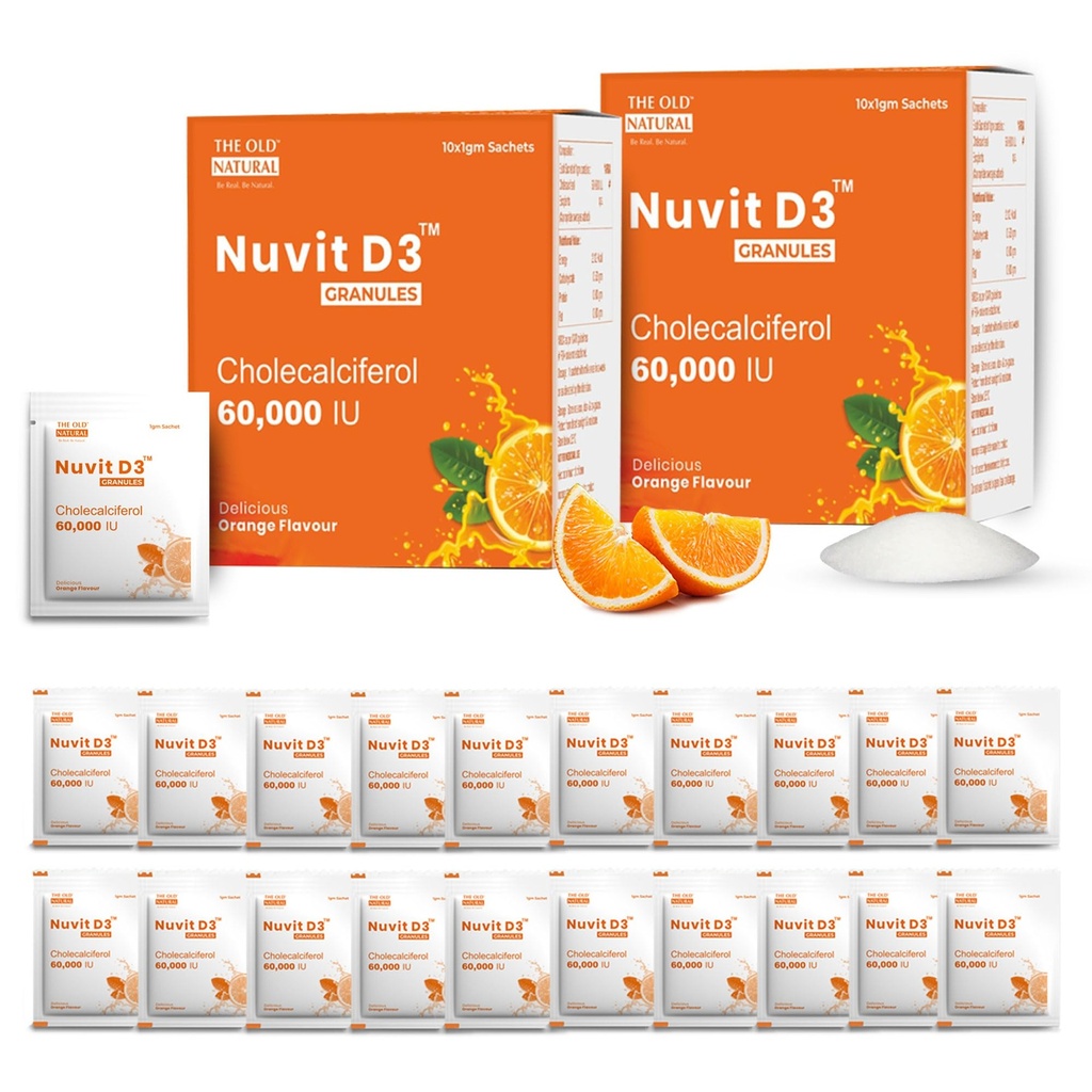 The Old Natural Nuvit D3 Granules 60000 IU | Vitamin D3 Cholecalciferol Sachets, Orange Flavour | 10 Sachets (10 x 1g) | Pack of 2